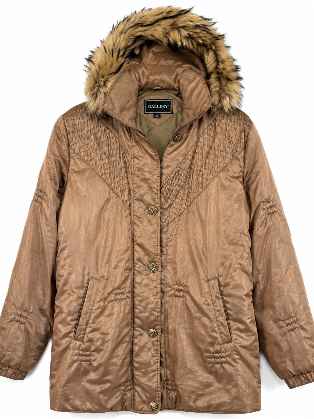 Gallery Y2K Bronze Faux Fur Hooded Parka Jacket Womens XS Metallic